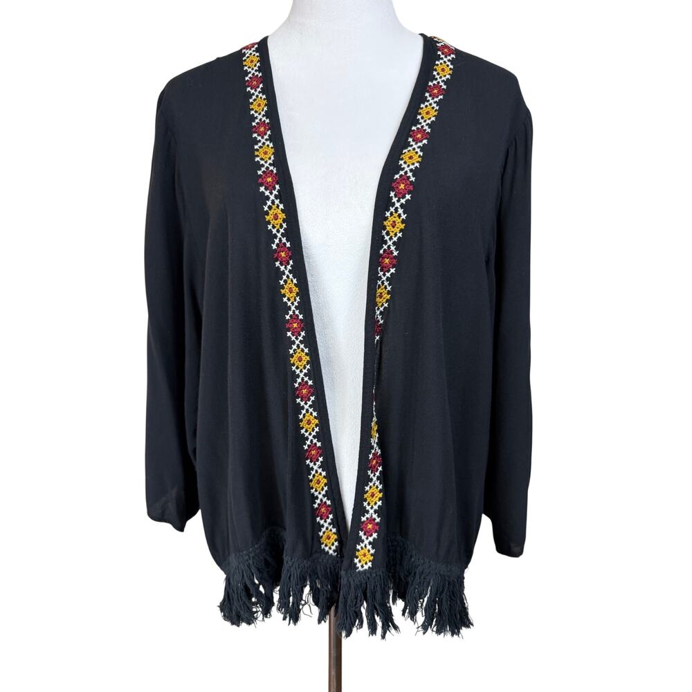 Jodifl Women's S 3/4 Sleeves Black Cardigan Kimono Heavy Embroidery Fringe Boho